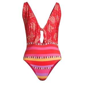 FARM RIO Lucy Tiki Bananas Striped Reversible 
 One Piece Swimsuit